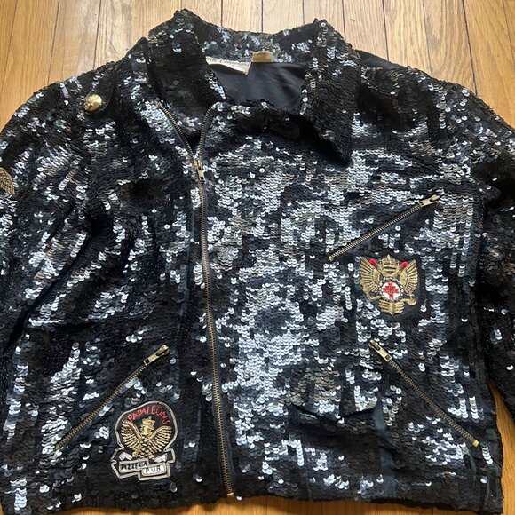 French Collizioni Size S Black Vintage Sequin Embroidered Patches Moto Jacket - Picture 9 of 16